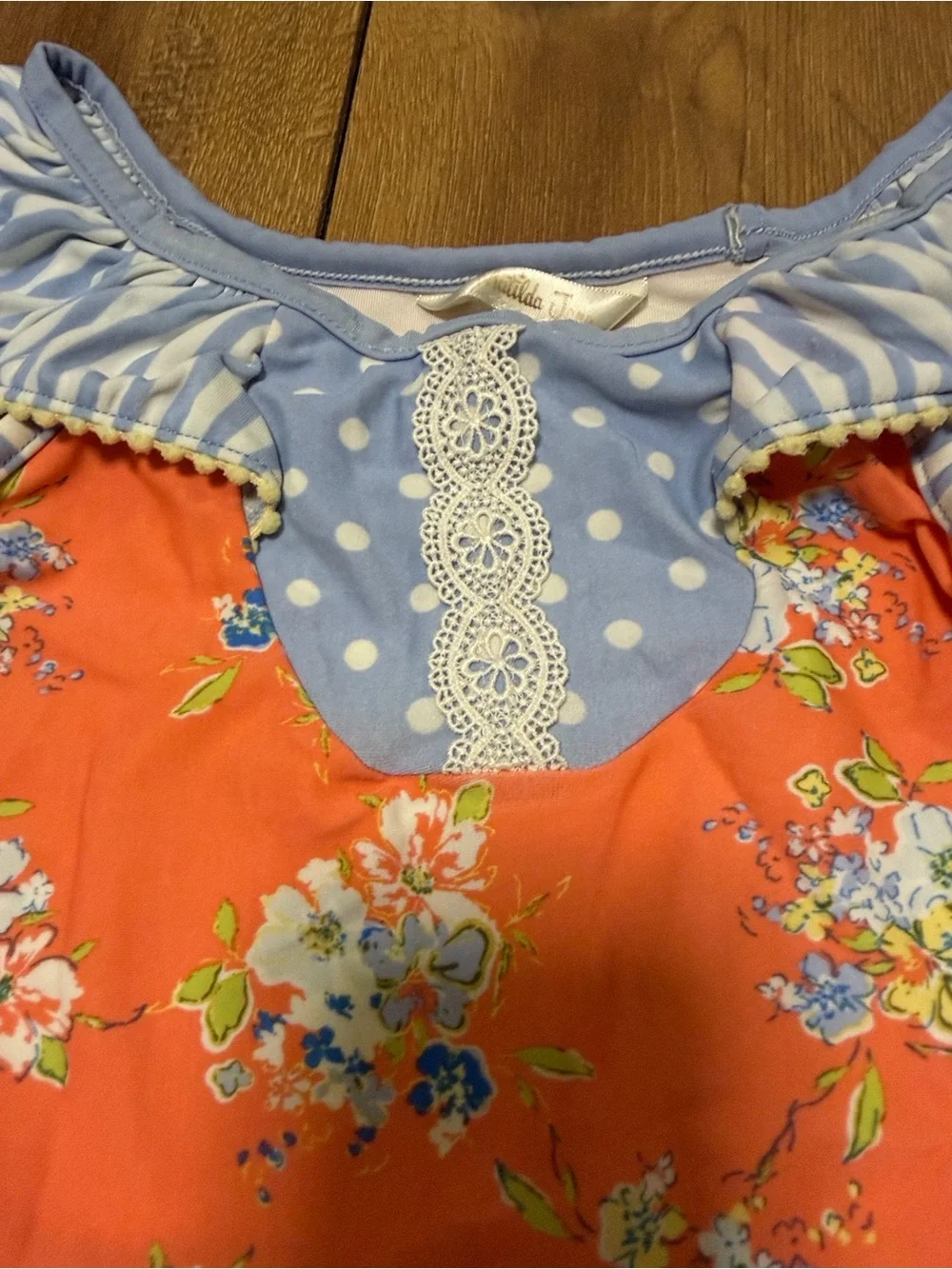 Matilda Jane Orange Floral One-Piece Swimsuit with Blue Polka Dot Ruffles